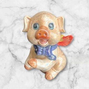 🔴 Piggy Bank irridescent vintage Ceramic winged Pig Figurine with Blue Bow 7”